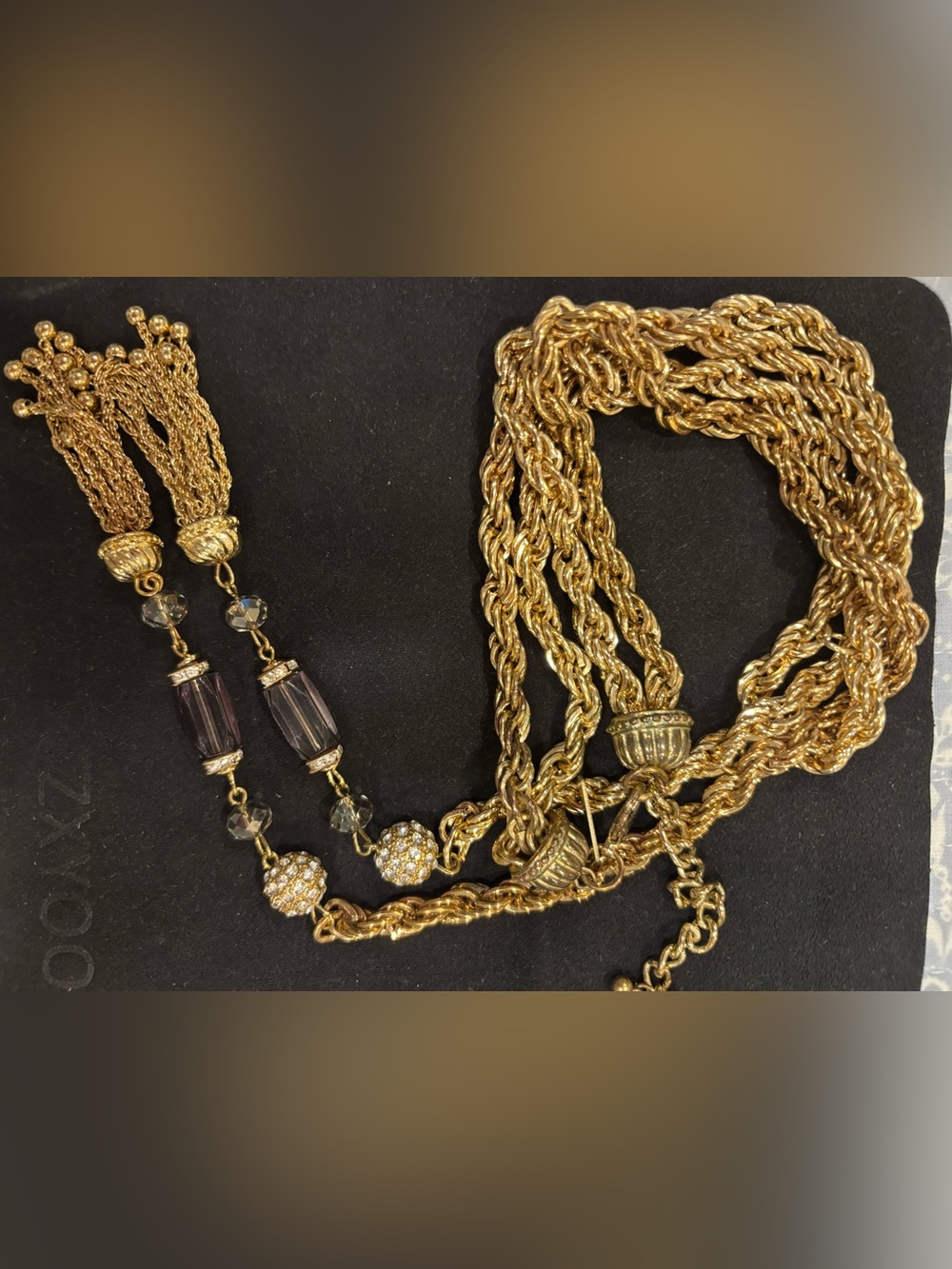 Gold Rope Chain Tassel Necklace with Crystal Accents